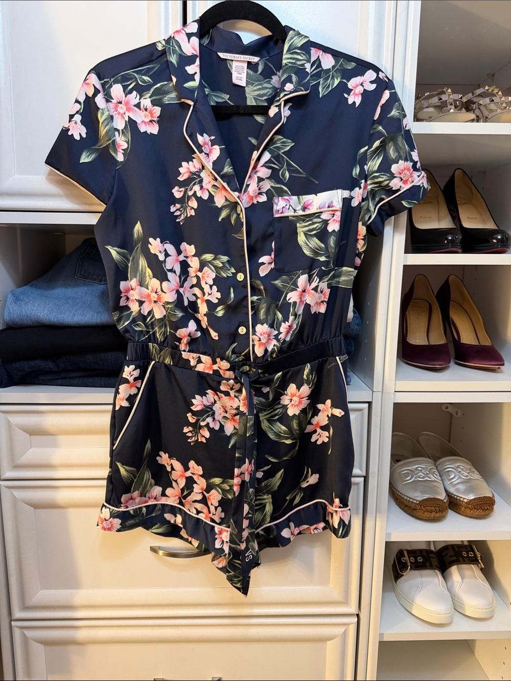 Victoria's Secret Navy Floral Pajama Jumpsuit with Pink Flowers